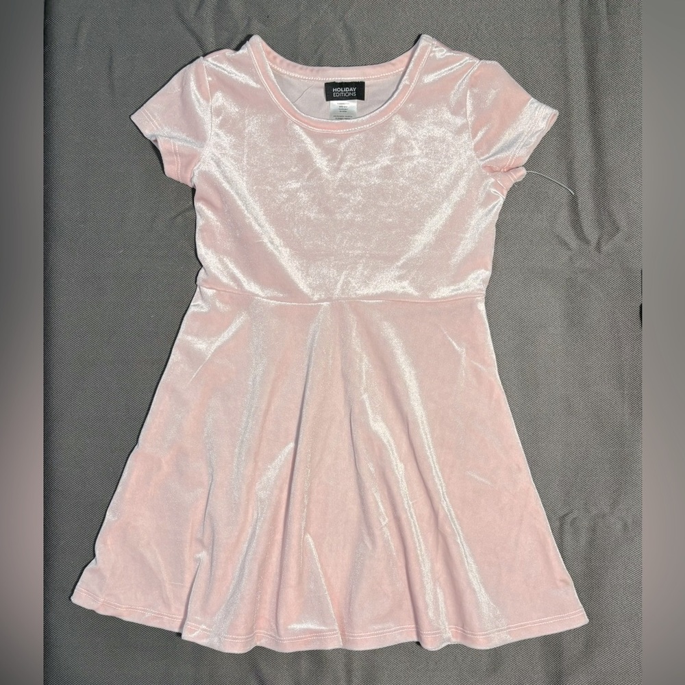 Girls XS 4-5 LightPink Velvety SlipOn Dress Short Sleeve Waist 22" Stretchy New